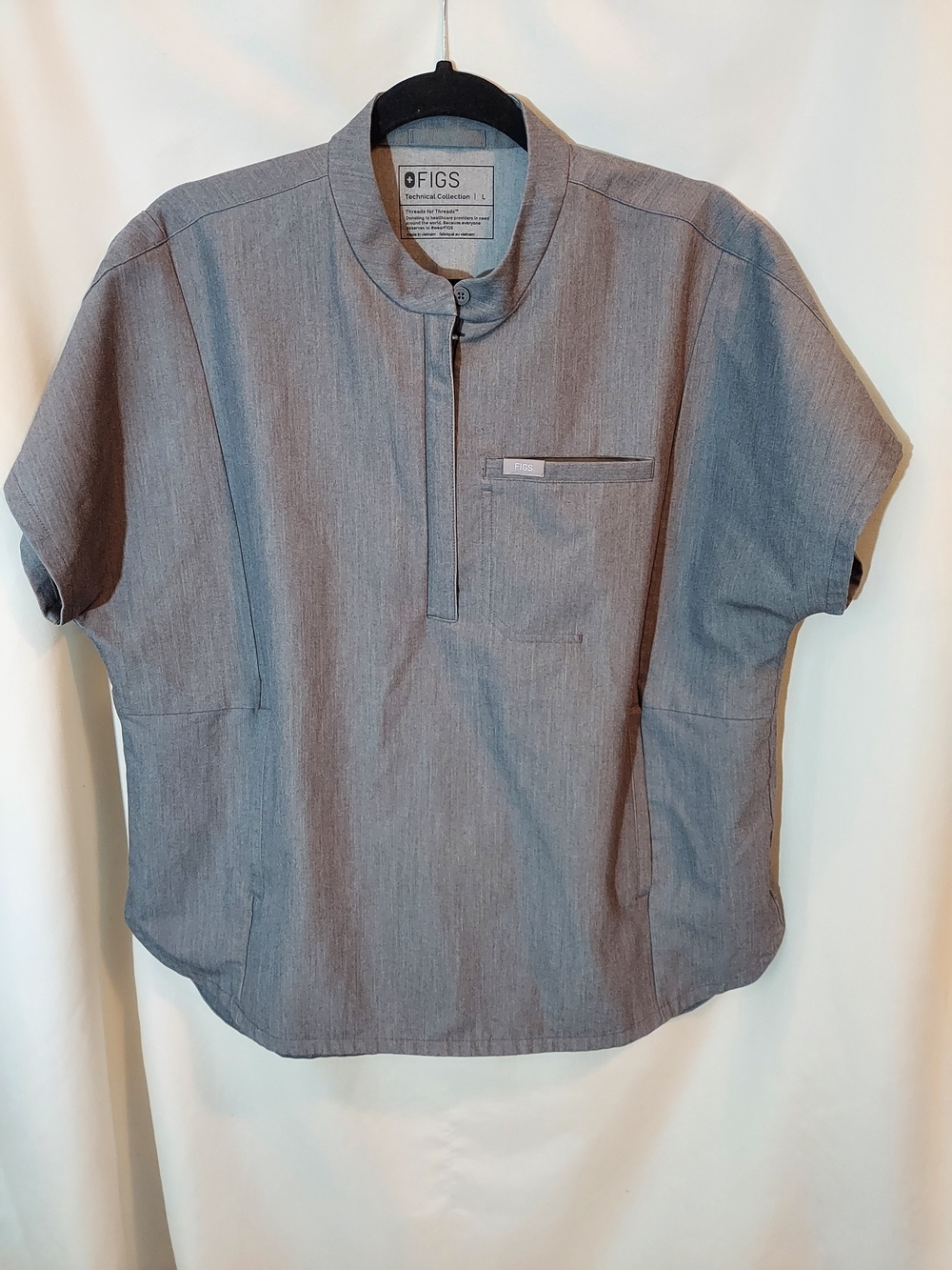 FIGS Montex Relaxed Scrub Top Heather Gray Graphite L Large Mandarin Mock Neck